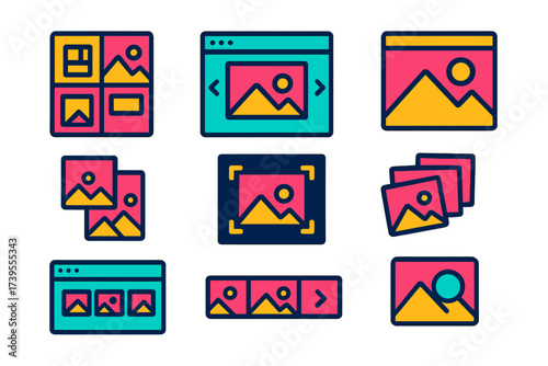 Vibrant Gallery Icons. Flat vector icons of gallery layout types: image grid icon, photo carousel, fullscreen preview window,
