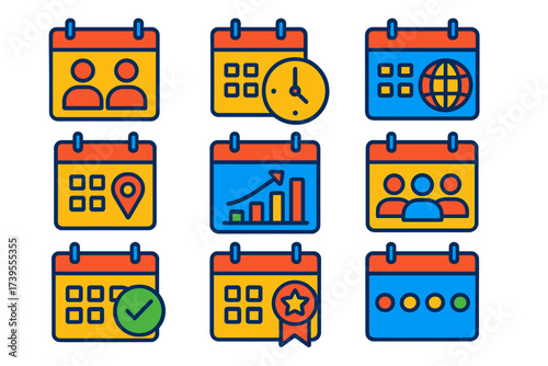 Vibrant Business Icons. Flat vector icons of business calendar use: meeting calendar, deadline clock icon, conference schedule,