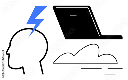 Human head with lightning bolt signifies ideas, laptop conveys technology, and cloud suggests data storage. Ideal for innovation, creativity, digital solutions, brainstorming, tech trends, cloud