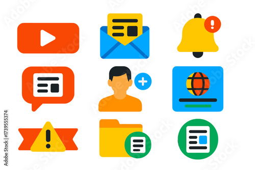 News Notification Icons. Flat vector icons of news notifications and subscriptions: subscribe button, email digest icon, bell with