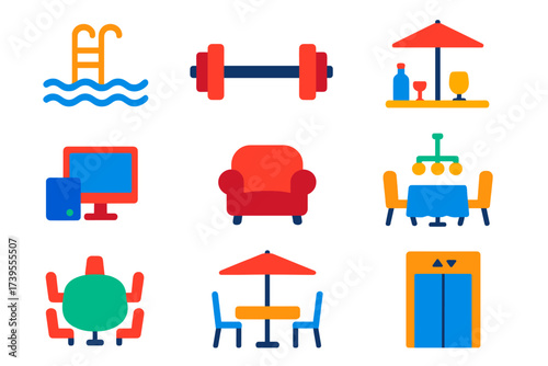 Modern Hotel Icons. Flat vector icons of hotel facilities: swimming pool icon, hotel gym symbol, rooftop bar icon, business center