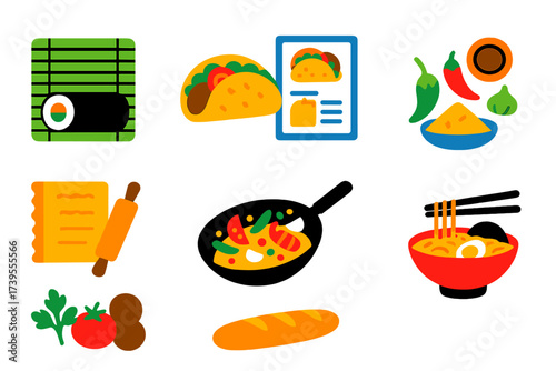 International Recipe Icons. Flat vector icons of international recipes: sushi rolling mat, taco recipe, pasta sheet, curry spices,
