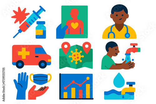 Vibrant Health Icons. Flat vector icons of public health: vaccination campaign, health awareness poster, community health worker,