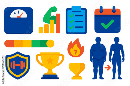 Vibrant Fitness Icons. Flat vector icons of fitness goals: weight scale, muscle growth chart, goal checklist, calendar icon,