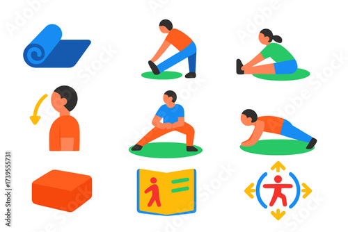 Stretching Icons Collection. Flat vector icons of stretching exercises: floor mat, forward bend, hamstring stretch, shoulder roll,
