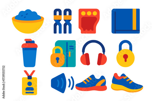 Bold Gym Icons. Flat vector icons of gym accessories: chalk bowl, lifting straps, grip pad, gym towel, shaker bottle, lock and