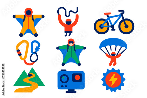 Extreme Sports Icons. Flat vector icons of extreme sports: skydiving suit, bungee jump rope, mountain bike, rock climbing gear,