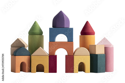 A vibrant wooden block structure, resembling a colorful city on a solid black background