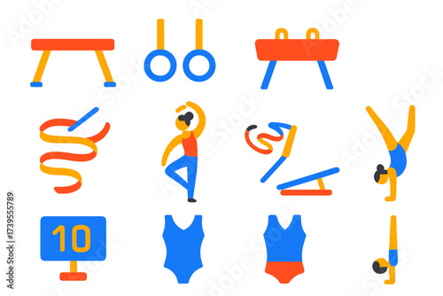 Dynamic Gymnastics Icons. Flat vector icons of gymnastics: balance beam, rings icon, pommel horse, rhythmic ribbon, gymnast pose,