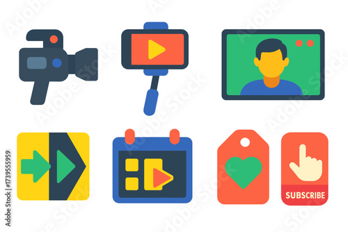Vlog Icon Set. Flat vector icons of vlog production: handheld camera, selfie stick, vlog title card, talking head frame, jump cut