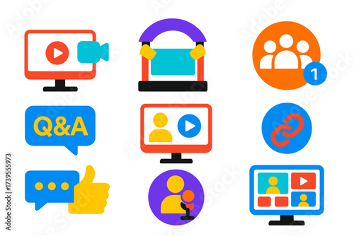 Vibrant Virtual Event Icons. Flat vector icons of virtual events: live webinar icon, digital stage, audience counter, Q&A box,