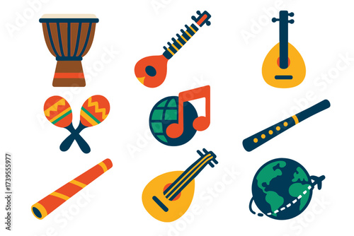 Global Music Icons. Flat vector icons of global music: African drums, Indian sitar, Chinese erhu, Latin maracas, Middle Eastern
