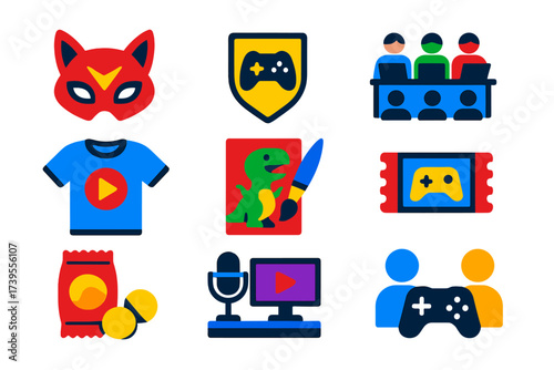 Gaming Culture Icons. Flat vector icons of gaming culture: cosplay mask, gaming badge, LAN party, game merchandise, fan art icon,