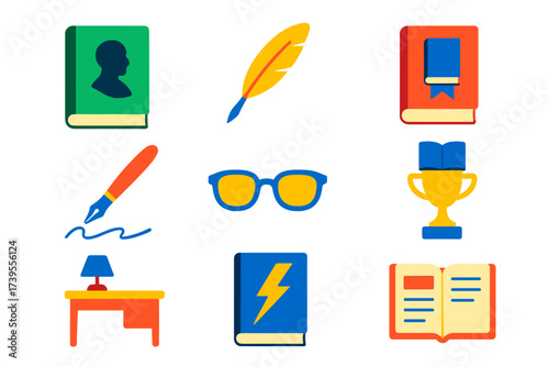 Literary Icon Set. Flat vector icons of famous books and authors: classic novel, author’s quill, book award, signature pen,