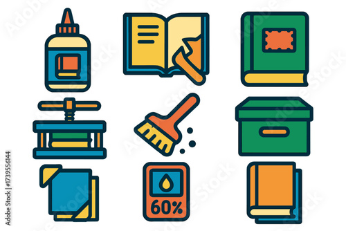 Book Care Icons. Flat vector icons of book repair and care: bookbinding glue, page restoration, cover patch, book press, cleaning