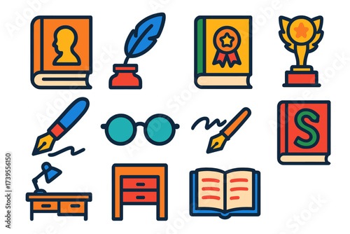 Literary Icon Set. Flat vector icons of famous books and authors: classic novel, author’s quill, book award, signature pen,