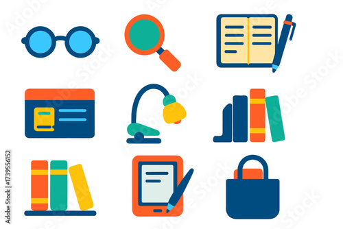 Modern Book Icons. Flat vector icons of book-related tools: reading glasses, magnifying glass, pen and notebook, library card,