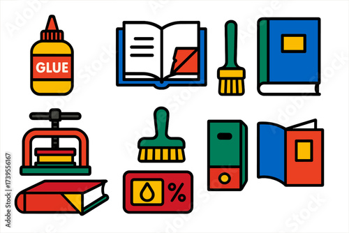 Book Care Icons. Flat vector icons of book repair and care: bookbinding glue, page restoration, cover patch, book press, cleaning