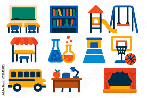 School Infrastructure Icons. Flat vector icons of school infrastructure: classroom, library, playground, cafeteria, science lab,