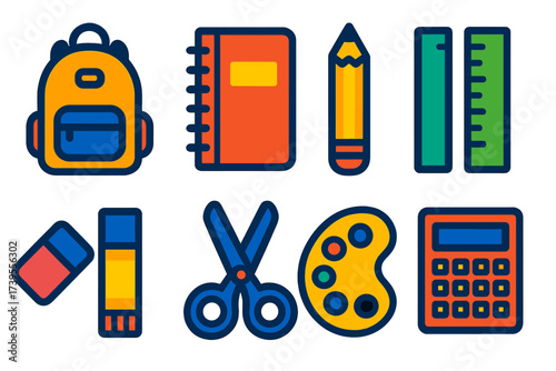 Bright School Supply Icons. Flat vector icons of school supplies: backpack, notebook, pencil, ruler, eraser, glue stick, scissors,