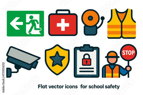 School Safety Icons. Flat vector icons of school safety: fire exit sign, first aid kit, emergency drill bell, safety vest, CCTV