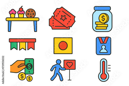 School Fundraiser Icons. Flat vector icons of school fundraising activities: bake sale table, raffle tickets, donation jar,
