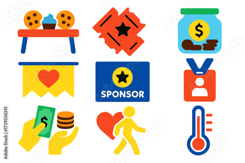 School Fundraiser Icons. Flat vector icons of school fundraising activities: bake sale table, raffle tickets, donation jar,
