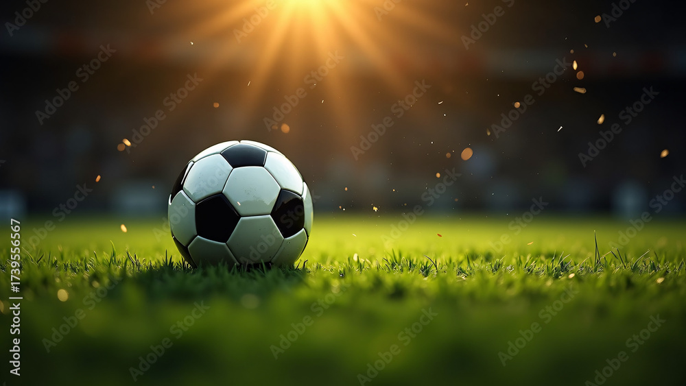 Naklejka premium Soccer ball rests on sunlit turf—lens flares and particles evoke quiet anticipation and radiant motion. 