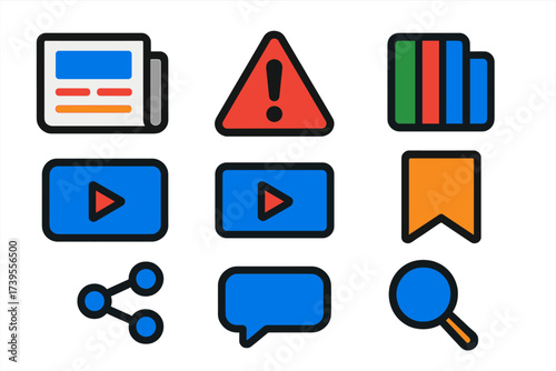 Modern News App Icons. Flat vector icons of news apps: newspaper, breaking alert, category tabs, bookmark ribbon, video report,