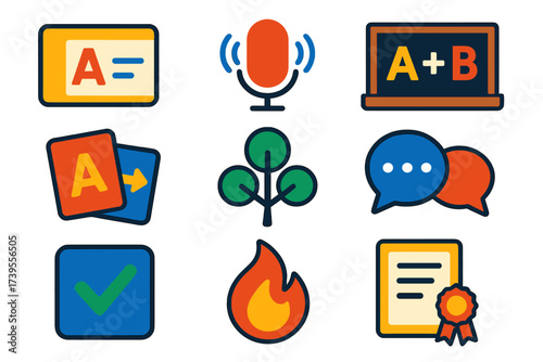 Language Learning Icons. Flat vector icons of language learning apps: vocabulary card, pronunciation mic, grammar lesson,