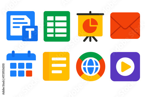 Colorful Software Icons. Flat vector icons of application software: word processor, spreadsheet, presentation, email client,