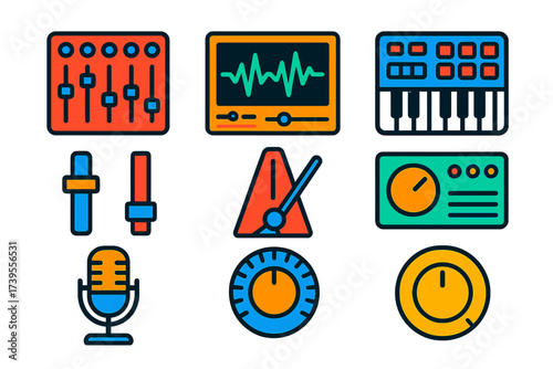 Modern Audio Icons. Flat vector icons of audio software: audio mixer, waveform editor, MIDI controller, virtual instrument, mixer