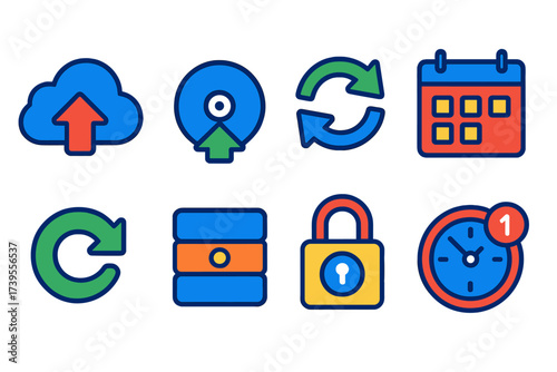 Bright Backup Icons. Flat vector icons of backup software: cloud backup, local disk backup, incremental sync, schedule calendar,