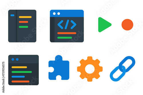 Colorful IDE Icons. Flat vector icons of IDE software: project explorer, code window, run button, breakpoint marker, console