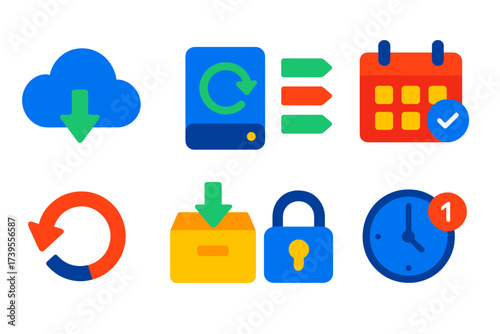 Bright Backup Icons. Flat vector icons of backup software: cloud backup, local disk backup, incremental sync, schedule calendar,