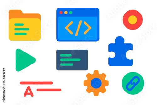 Colorful IDE Icons. Flat vector icons of IDE software: project explorer, code window, run button, breakpoint marker, console