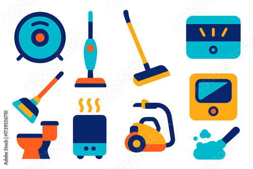 Modern Cleaning Gadgets. Flat vector icons of cleaning gadgets: robotic vacuum, steam mop, UV sanitizer box, cordless broom,
