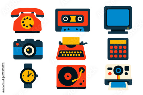 Retro Gadget Icons. Flat vector icons of retro gadgets: rotary phone, cassette tape player, CRT monitor, film camera, typewriter,
