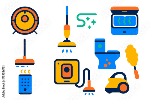 Modern Cleaning Gadgets. Flat vector icons of cleaning gadgets: robotic vacuum, steam mop, UV sanitizer box, cordless broom,