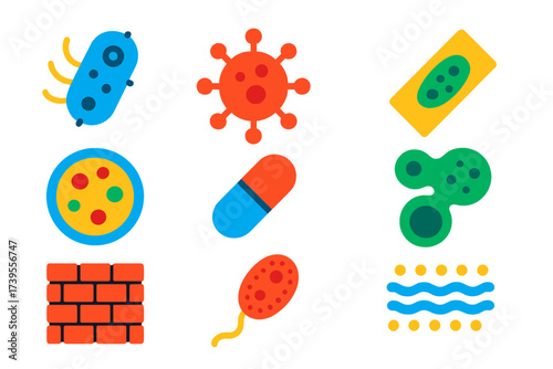 Microbiology Icon Set. Flat vector icons of microbiology: [bacteria, virus, microscope slide], [petri dish, antibiotic pill,