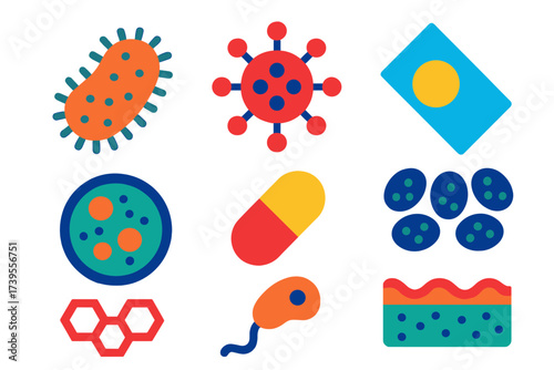Microbiology Icon Set. Flat vector icons of microbiology: [bacteria, virus, microscope slide], [petri dish, antibiotic pill,