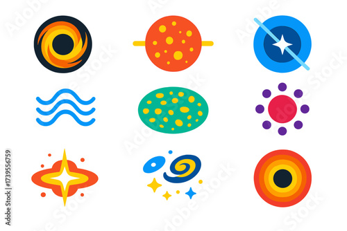Astrophysics Icon Set. Flat vector icons of astrophysics: [black hole, neutron star, pulsar], [gravitational wave, cosmic