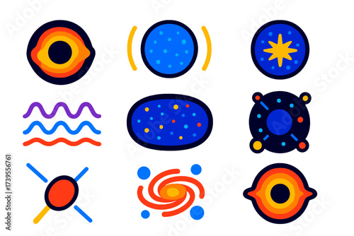 Astrophysics Icon Set. Flat vector icons of astrophysics: [black hole, neutron star, pulsar], [gravitational wave, cosmic