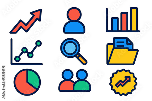 Market Trend Icons. Flat vector icons of market trend research: arrow trend up, consumer avatar, bar chart, line graph, magnifier,