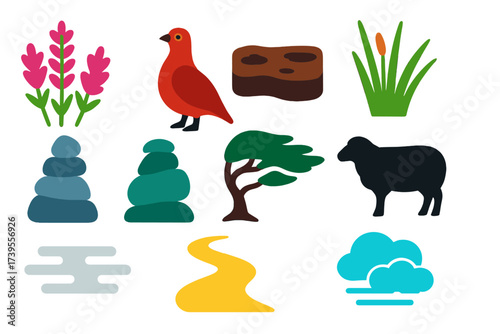 Highland Moor Icons. Flat vector icons of highland moor: heather bloom, grouse bird, peat bog, moor grass, stone cairn, wind-swept