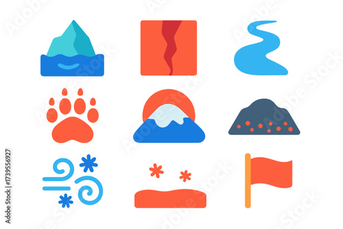 Glacier Retreat Icons. Flat vector icons of glacier retreat: iceberg, crevasse, meltwater stream, polar bear track, ice cap,