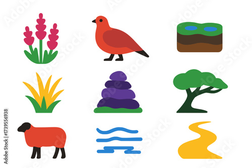 Highland Moor Icons. Flat vector icons of highland moor: heather bloom, grouse bird, peat bog, moor grass, stone cairn, wind-swept