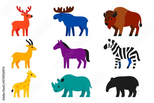 Vibrant Hoofed Mammals Icons. Flat vector icons of hoofed mammals: deer, moose, bison, antelope, horse, zebra, giraffe, rhinoceros