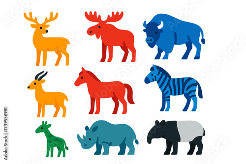 Vibrant Hoofed Mammals Icons. Flat vector icons of hoofed mammals: deer, moose, bison, antelope, horse, zebra, giraffe, rhinoceros