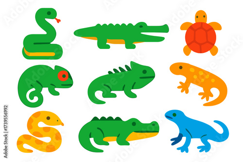 Reptile Icon Set. Flat vector icons of reptiles: snake, crocodile, turtle, chameleon, iguana, gecko, python, alligator, lizard No